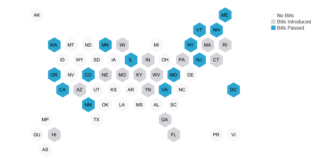 Chart depicting states in which bills supporting decarb have been introduced and passed