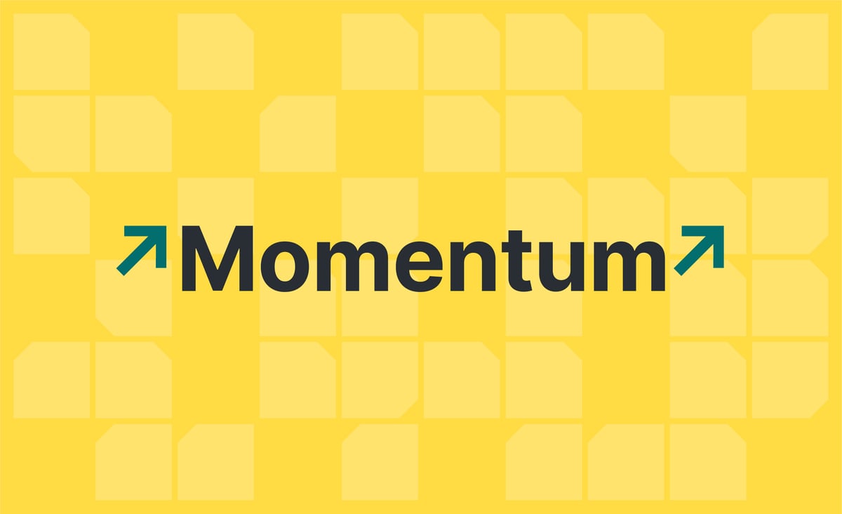 Yellow version of the BDC Momentum Report Logo. Momentum with arrows at the front and back is written on top of a yellow background.